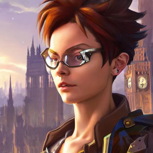 Image similar to high fantasy science-fiction character portrait of Tracer from Overwatch, intricate, wild, highly detailed, digital painting, artstation, upper body, concept art, smooth, sharp focus, cobblestone London victorian street in background, illustration, art by artgerm and greg rutkowski and alphonse mucha
