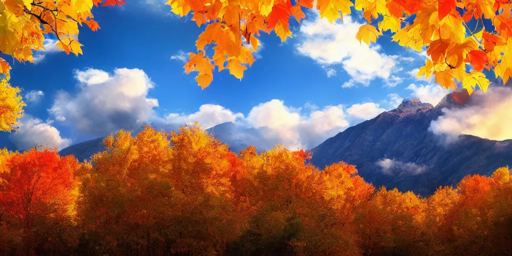 Image similar to peaceful clouds, mountain range, autumn, colorful leaves, epic, matte painting, concept art, 4k