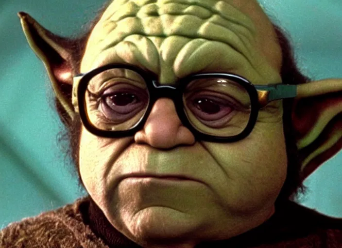 Prompt: film still of Danny Devito!!! wearing his glasses as Yoda in The Empire Strikes Back 1980