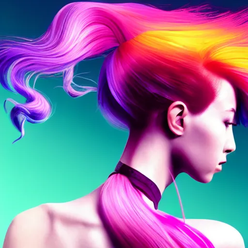 Image similar to a award winning action upper body portrait of a beautiful woman with a ombre purple pink hairstyle with head in motion and hair flying, choker, outrun, vaporware, vivid colors, highly detailed, fine detail, intricate