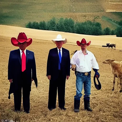 Prompt: “Xi Jinping, Donald Trump and Vladimir Putin wearing cowboy costumes while working on a farm in Montana, under Joe Biden’s command”