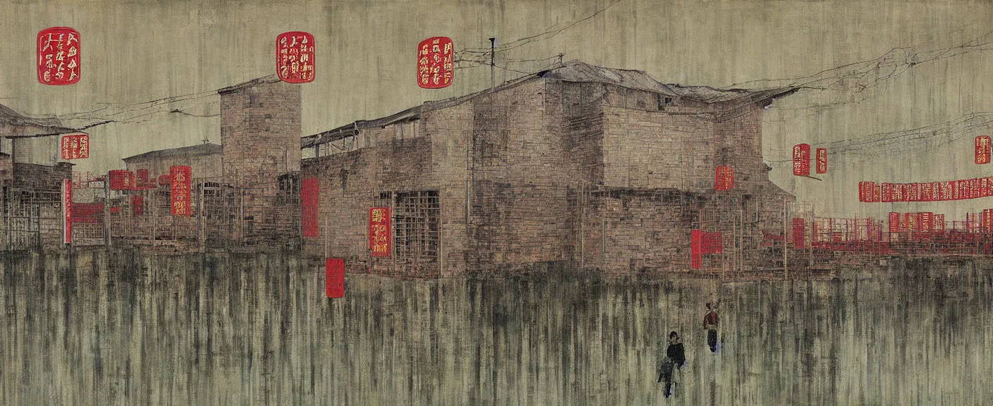 Image similar to a chinese prison near a river by peter doig, muted colors, overlaid with chinese adverts