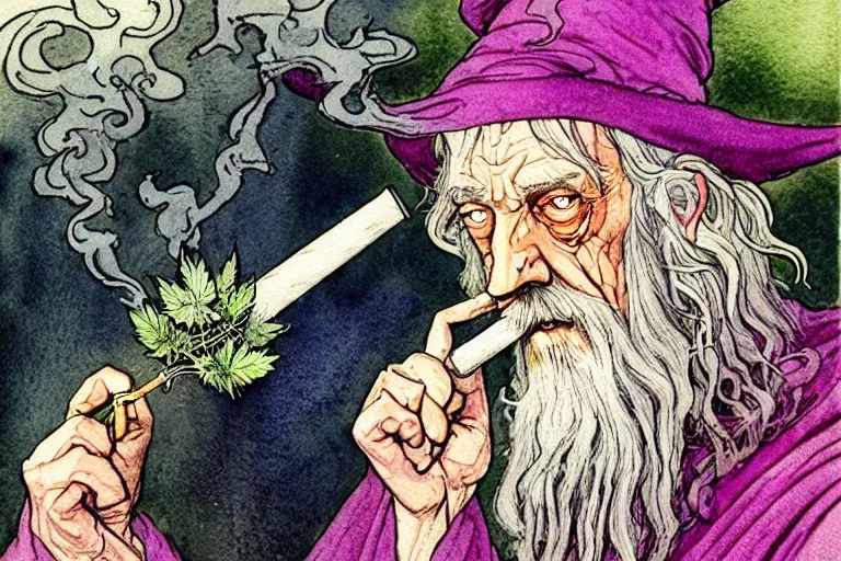 Image similar to a realistic and atmospheric watercolour fantasy character concept art portrait of gandalf with pink eyes lying on his back looking happy and confused and smoking weed out of his pipe with a pot leaf nearby, by rebecca guay, michael kaluta, charles vess and jean moebius giraud