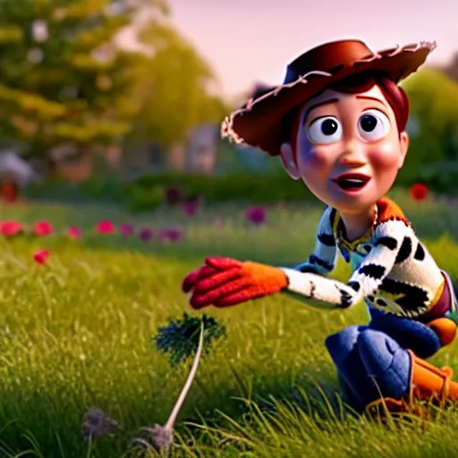 Image similar to a pixar 3 d character, a beautiful and mad canadian woman, on her knees, pulling weeds out frantically, some grey hair, stripey pants, octane render, 8 k, toy story,