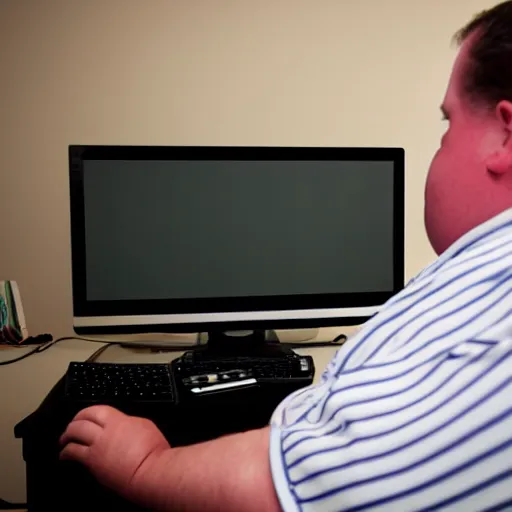 Prompt: an incredibly fat and incredibly stupid man is shocked to see his own reflection in his computer monitor, candid photo