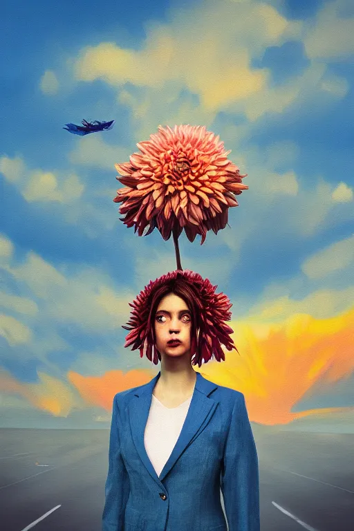 Image similar to closeup giant dahlia flower head, girl in a suit, street, surreal photography, blue sky, sunrise, dramatic light, impressionist painting, digital painting, artstation, simon stalenhag