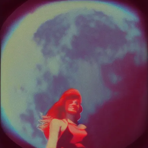 Prompt: vintage polaroid of barbarella on the surface of the moon landing, detailed clouds, warm azure tones, red color bleed, film grain