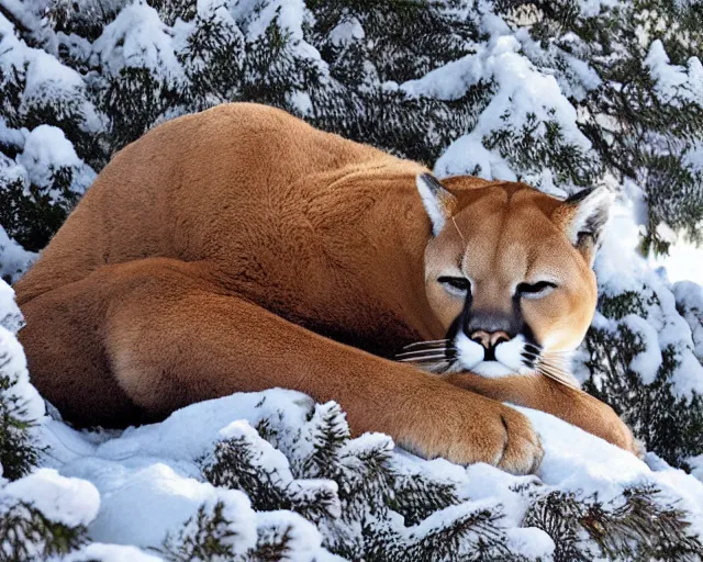 Image similar to postcard showing 'a cougar sleeping in the middle of snowy pine tree' laying on coffee table with stamp and damaged due to age, zoomed out shot, HD, iphone capture