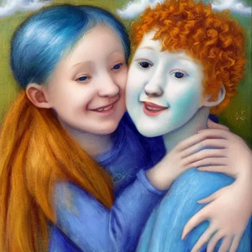 Image similar to a young blue haired girl hugging a young ginger haired girl and smiling, beautiful, innocent, angelic, happy, warm, soft lighting, in the clouds, renaissance, beautiful, cherubic, oil painting