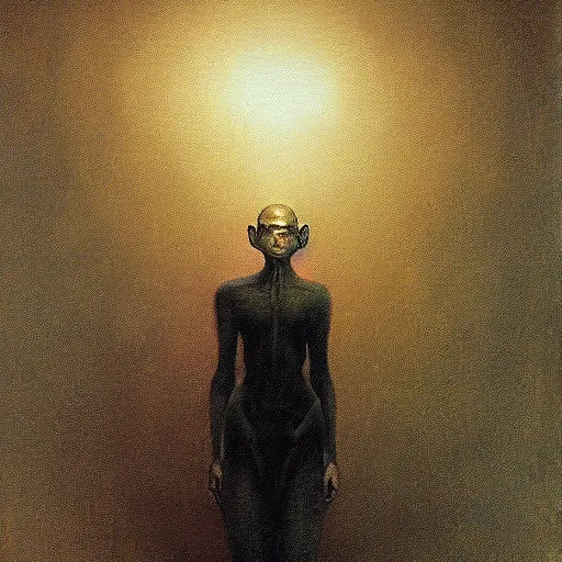 Prompt: tall hairless elfin beautiful undead cyborg wearing skintight black bodysuit with plume of smoke rising from head in darkness except for spotlight, painting by Beksinski and Rembrandt