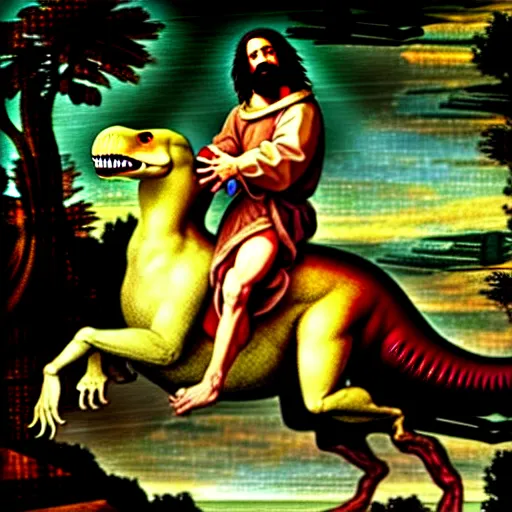 Prompt: Jesus riding a t-rex, renaissance painting, in the style of rococo, extremely detailed