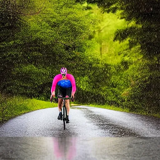 Image similar to “a middle aged man in Lycra cycling gear wearing a day-glo cycling helmet walking along a country road in the rain with a bent bicycle wheel in his hand, hyper realistic, 4K”