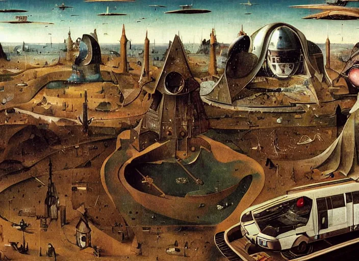 Prompt: an intricately detailed scene from a sci-fi movie by Hieronymus Bosch, Wes Anderson and Syd Mead