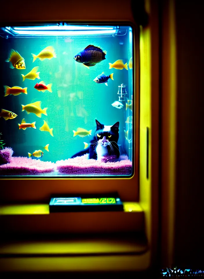 Image similar to telephoto 7 0 mm f / 2. 8 iso 2 0 0 photograph depicting the feeling of chrysalism in a cosy safe cluttered french sci - fi ( ( art nouveau ) ) cyberpunk apartment in a pastel dreamstate art cinema style. ( cat ) ( ( fish tank ) ), ambient light.