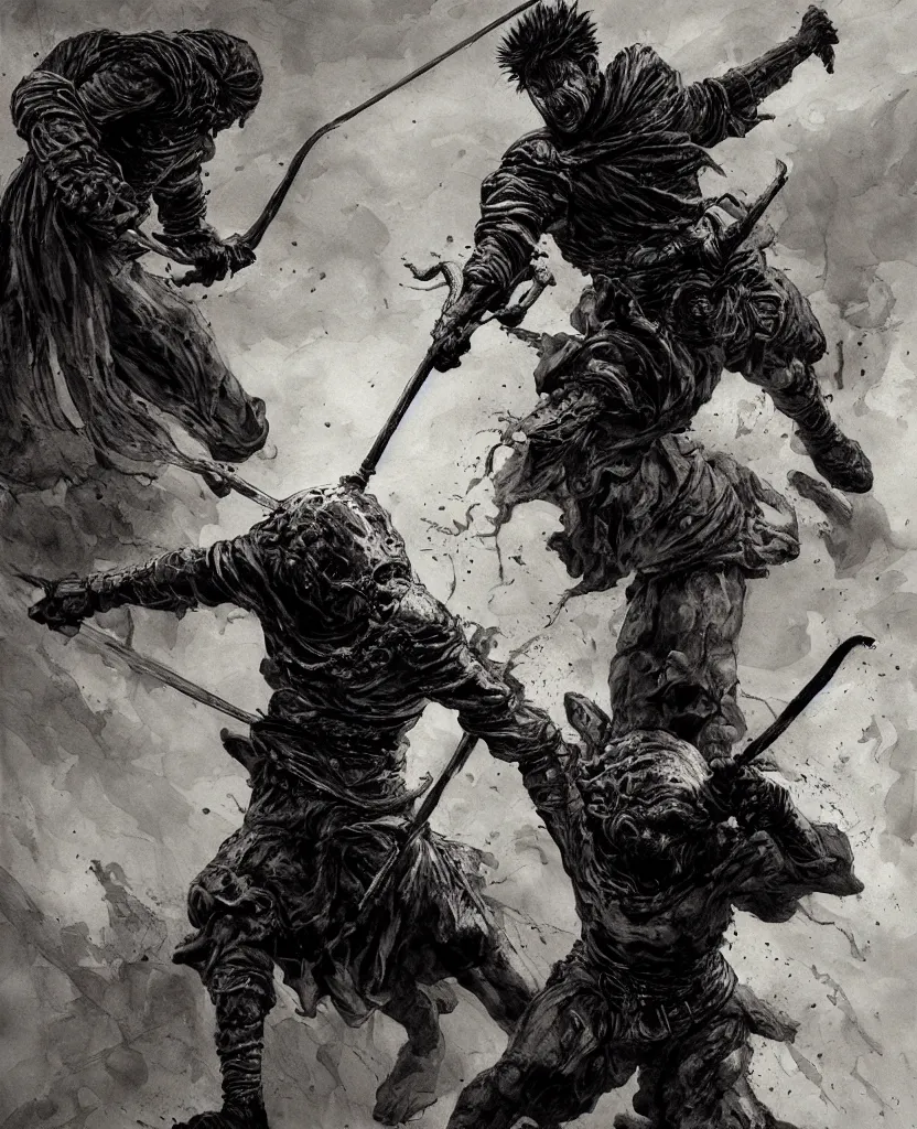 Image similar to David slaying Goliath painting, dark colors, sinister atmosphere, dramatic lighting, cinematic, establishing shot, extremely high detail, photo realistic, cinematic lighting, pen and ink, intricate line drawings, by Yoshitaka Amano, Ruan Jia, Kentaro Miura, Artgerm, post processed, concept art, artstation, matte painting, style by eddie mendoza, raphael lacoste, alex ross,