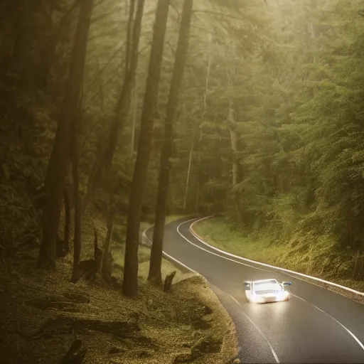 Image similar to Subaru BRZ driving down a beautiful forest road, cinematic, motion blur, high resolution, sharp, detailed, commercial, advertisement,