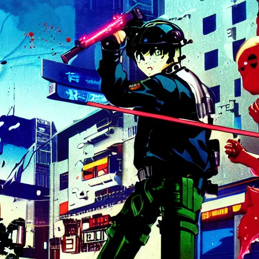 Image similar to 1991 Video Game Screenshot, Anime Neo-tokyo Cyborg bank robbers vs police shootout, bags of money, Police officer shot, Bullet Holes and Blood Splatter, Cyberpunk, Anime VFX, Violent, Action, MP5S, FLCL, Highly Detailed, 8k :4 by Katsuhiro Otomo + Studio Gainax + Arc System Works : 8