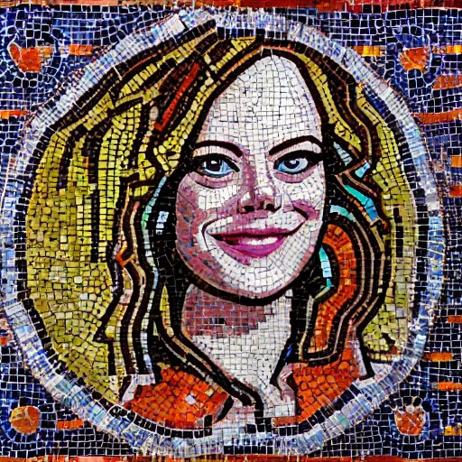 Image similar to beautiful detailed colorful emma stone in zeugma mosaic, many small stones, extreme detail