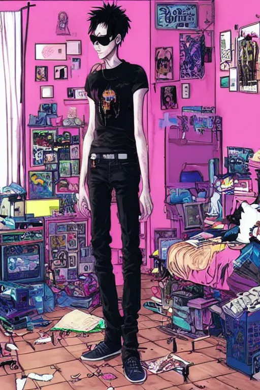 Prompt: a skinny goth guy standing in a cluttered 9 0 s bedroom, full body character concept art, vaporwave colors, hirohiko araki art, inio asano art,