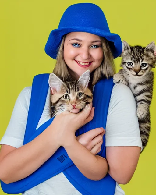 Image similar to banana wearing a cobalt blue vilt hat and wearing a baby sling with a kitten inside, color studio portrait, golden ratio, backlit, happy, detailed eyes