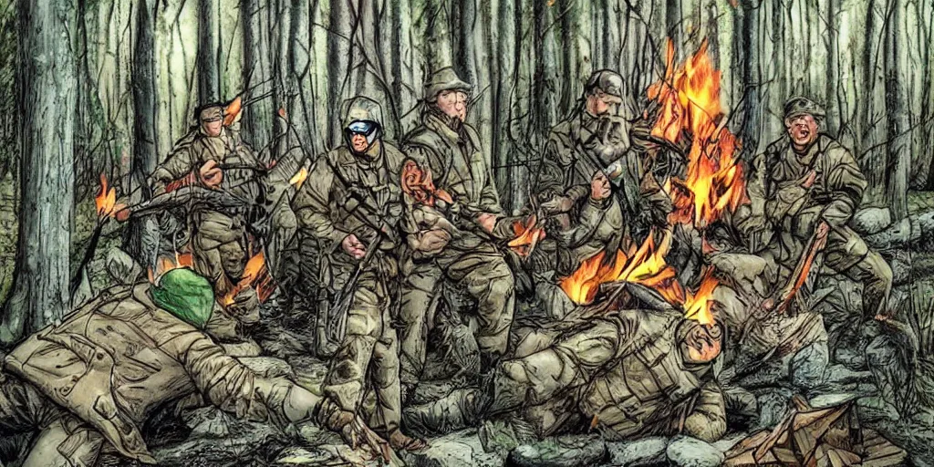 Image similar to really funny accident in finnish army, most insane scene in the forest in the style of action movie by tony scott, people laughing in the woods, campfire and tents, comicbook art by stan lee