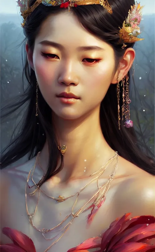 Image similar to a beautiful taiwan goddess with sundress with jewelry | | winter, realistic shaded, unpleasant face, good looking, fine details, realistic shaded lighting poster by greg rutkowski, magali villeneuve, artgerm, jeremy lipkin and michael garmash and macoto takahashi