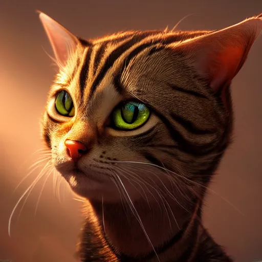 Prompt: tabby cat, golden hour, fantasy, sharp focus, digital art, hyper realistic, 4 k, unreal engine, highly detailed, hd, dramatic lighting by brom, trending on artstation, goku hairstyle