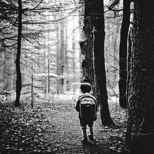 Image similar to little boy with a backpack in a forest, in the style of mcbess