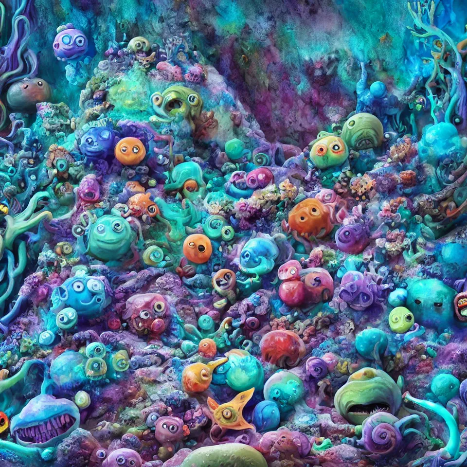 Image similar to of a colorful deep sea cave with strange cute friendly happy creatures with huge eyes, mouth, long tongue and round teeth appearing from sandy coral, in the style of gehry and gaudi, macro lens, shallow depth of field, ultra detailed, digital painting, trending artstation, concept art, illustration, cinematic lighting, photorealism, epic, octane render