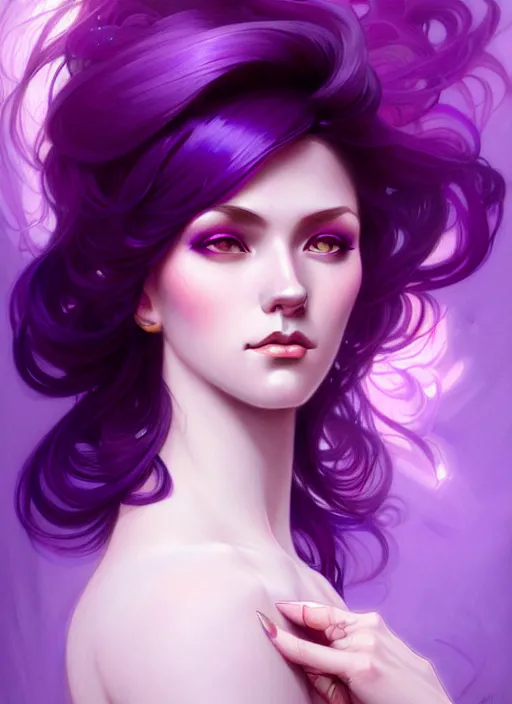 Image similar to Purple hair, creative colouring Portrait of woman, fashion, intricate, elegant, highly detailed, digital painting, artstation, concept art, smooth, sharp focus, illustration, art by artgerm and greg rutkowski and alphonse mucha