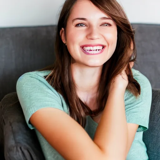 Image similar to Photo of a cute young woman smiling, long shiny bronze brown hair, full round face, emerald green eyes, medium skin tone, light cute freckles, smiling softly, wearing casual clothing, relaxing on a modern couch, interior lighting, cozy living room background, medium shot, mid-shot, soft focus, professional photography, Portra 400