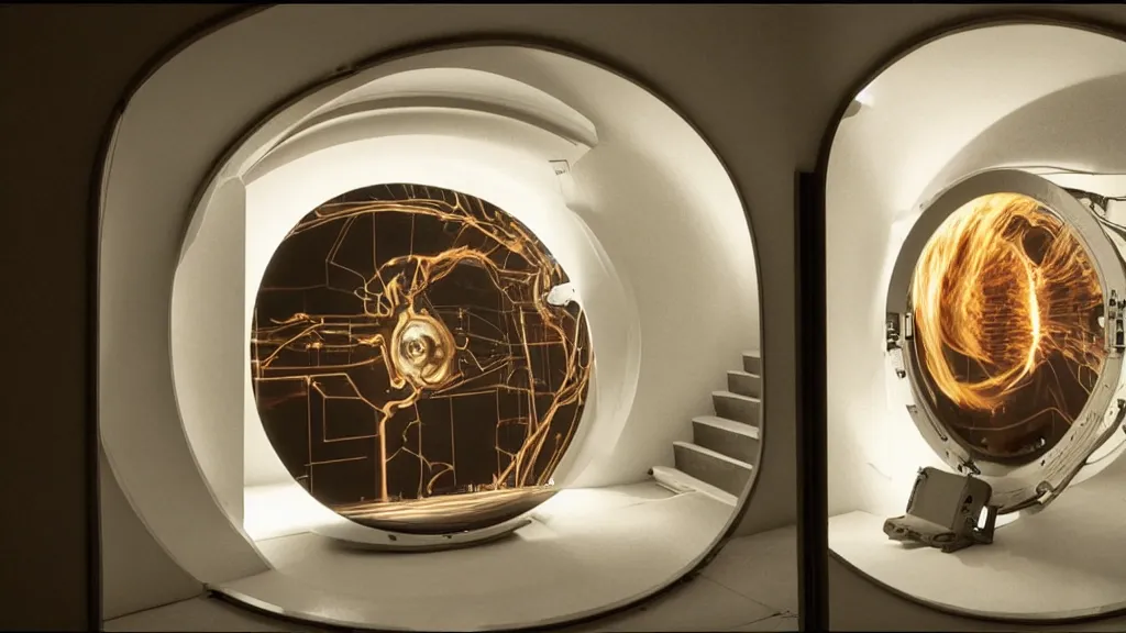 Image similar to an mri image open mri exposed uncovered machine portal in the living room, film still from the movie directed by denis villeneuve with art direction by salvador dali, wide lens