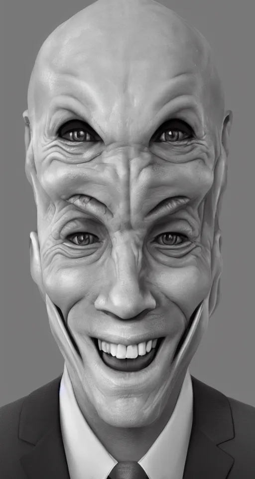 Image similar to a hyper realistic portrait of a smiling male alien in a suit for advertisement, artstation