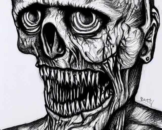 Image similar to Justin Bartlett pen drawing of a horrifying zombie, heavy metal