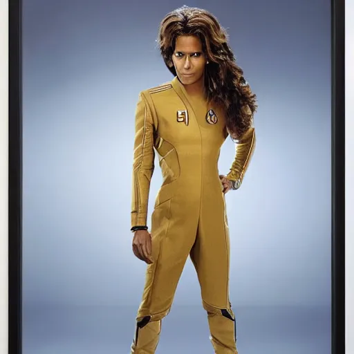 Prompt: a beautiful full body photograph of halle berry as a star fleet admiral from star trek next generation, full dress uniform, symmetrical face, extreme realism and detail, 8 k, completely framed, direct lighting, 3 5 mm photo, photorealistic, sharp focus