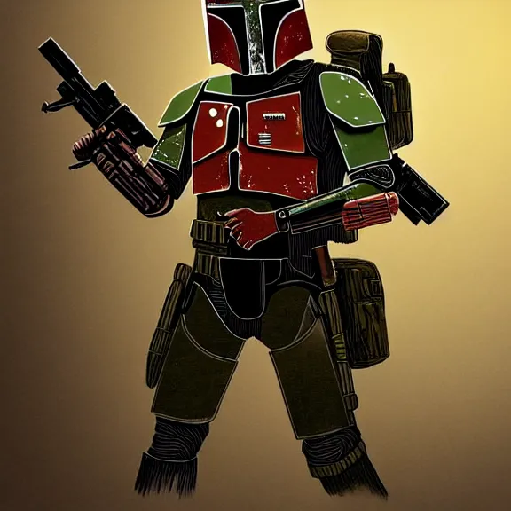 Prompt: Dynamic detailed artistic illustration of Boba fett but his armor is tan colored with desert camoflauge patterns, wearing nightvision goggles and holding an ar-15 rifle