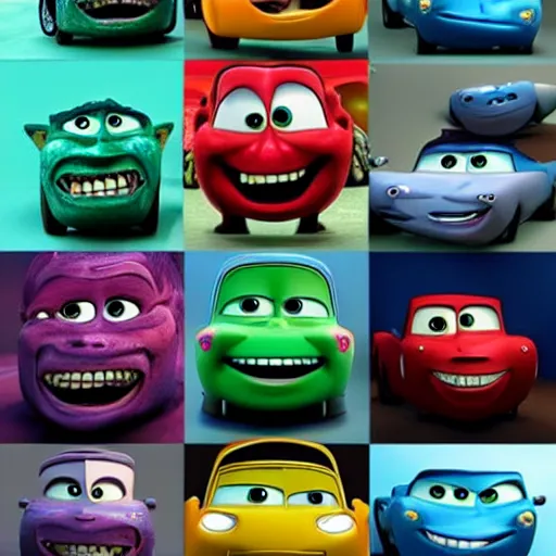 Prompt: horrifying Pixar cars, Pixar style horror,