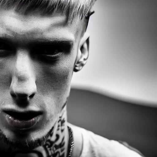 Prompt: mgk after battling eminem, realistic 8 k professional photography, midday lighting, defiant, octane, volumetric lighting, 7 0 mm,