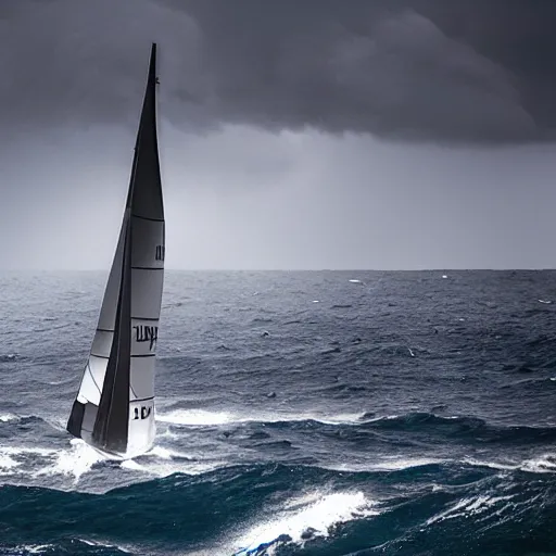 Image similar to catamaran sailboat in rough seas. dark storm.