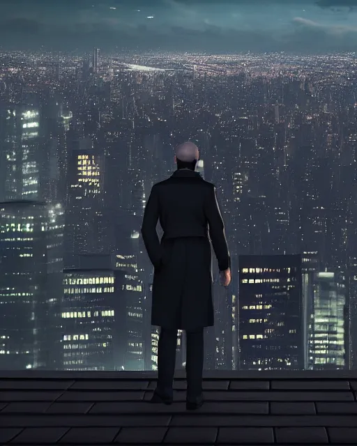 Image similar to a night rooftop scene, close up shot of a photorealistic gangster wearing a trench coat looking at the city below, unreal engine, hyper realism