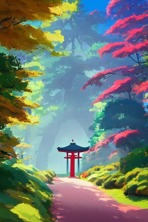 Image similar to Japanese Torii in a colorful moutain with COLORFUL trees ,morning , by studio ghibli painting, superior quality, masterpiece, by Grzegorz Rutkowski, concept art