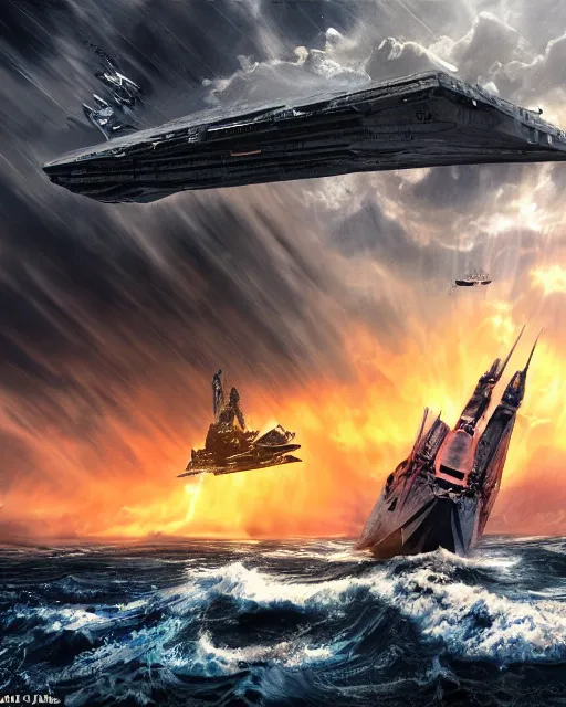 Image similar to scifi action scene of a fishing boat on stormy seas, a terrifying gigantic star destroyer spaceship flying overhead, the gigantic star destroyer spaceship is emerging from storm clouds, sunset lighting, stormy weather, dramatic lighting, unreal engine, hyper realism, realistic shading, cinematic composition, realistic render, octane render, detailed textures, photorealistic, ultrawide shot, 1 6 mm lens