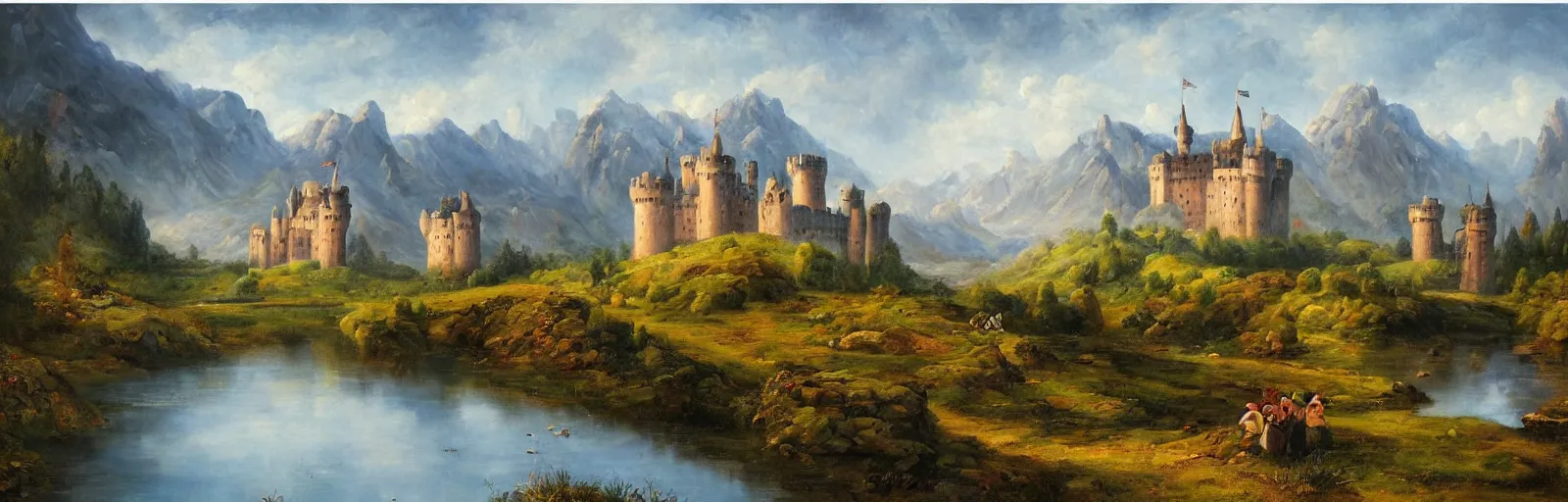 Image similar to landscape painting of multiple large interconnected castles,moat,mountains,oil canvas,by Paul Bril,masterpiece,high quality,pretty,fantasy,impossible