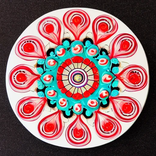 Prompt: 1960s illustrated peppermint candy mandala, highly detailed, giant peppermint candy in the center