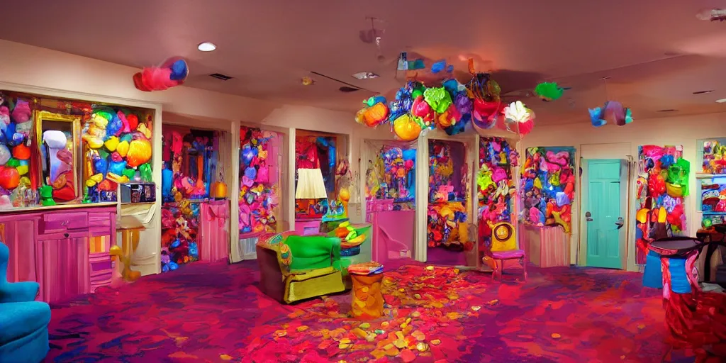 Image similar to a dimly lit, colorful, theater dressing room, made of candy, cartoon style