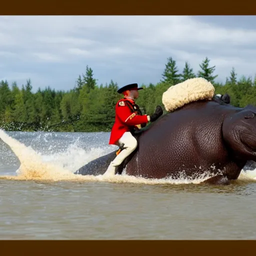 Image similar to photograph of a canadian mountie riding a giant hippo