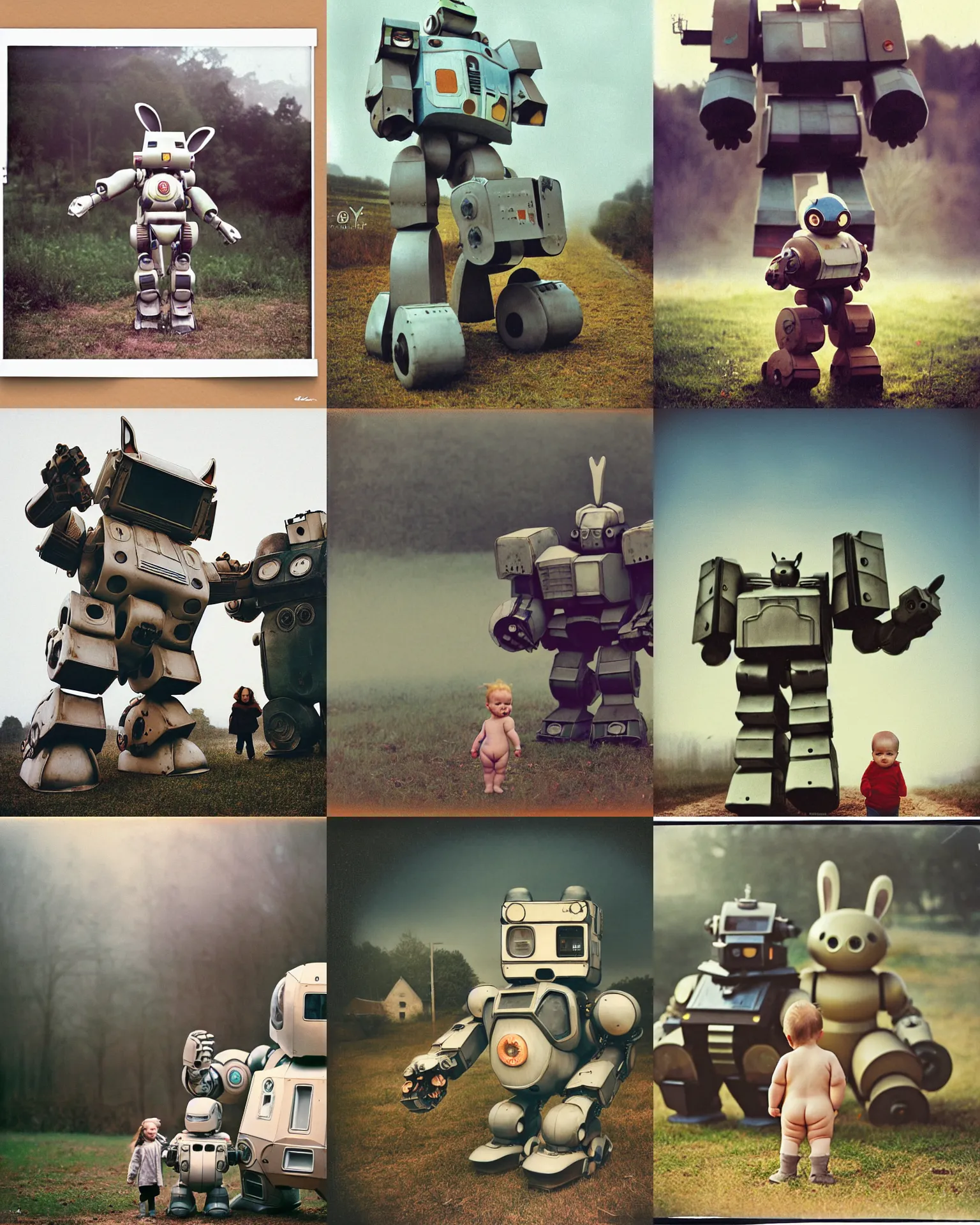 Prompt: giant oversized baby cute chubby battle robot mech with giant rabbit ears s as giant baby on a village, Cinematic focus, Polaroid photo, vintage, neutral colors, soft lights, foggy ,by Steve Hanks, by Serov Valentin, by lisa yuskavage, by Andrei Tarkovsky