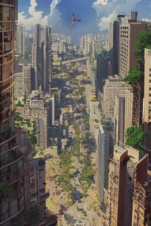 Prompt: Avenida paulista at são paulo artwork by Tomer Hanuka Rendering with an giant dragonfly devastating it. full of details, by Makoto Shinkai and thomas kinkade, Matte painting, trending on artstation and unreal engine