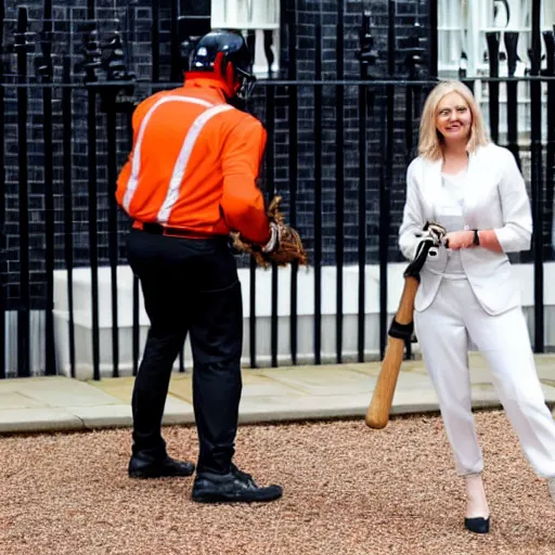 Prompt: rishi sunak holding a chainsaw, liz truss holding a baseball bat at number 1 0 downing street, cartoon style