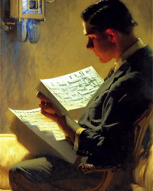 Prompt: attractive man reading the weather report live on tv 1 9 4 8 melancholy, nostalgia, painting by gaston bussiere, craig mullins, j. c. leyendecker